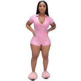 Pink & White Striped Short Sleeve Romper