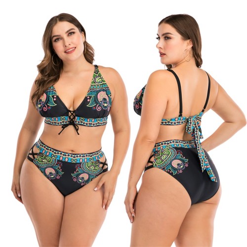Tribal Print Hollow Out High Waist Plus Size Bikini Set