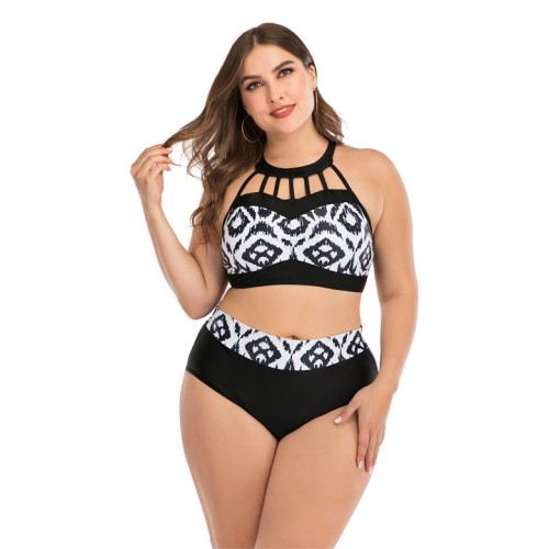 Black & White Print Hollow Out Plus Size Two Piece Swimsuit