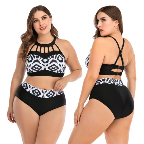 Black & White Print Hollow Out Plus Size Two Piece Swimsuit