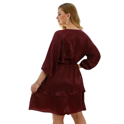 Plus Size Burgundy V-Neck Layer Short Dress