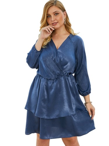 Plus Size Blue V-Neck Layer Short Dress