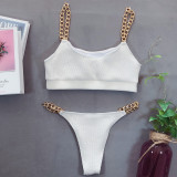 White Metal Chain Two Piece Thong Swimsuit