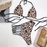 Leopard Print Strappy Hollow Out High Waist Bikini Set