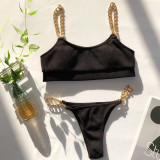 Metal Chain Black Two Piece Thong Swimsuit