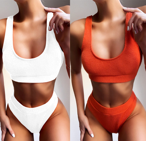 Orange Ribbed High Waist Two Piece Swimsuit