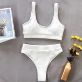 White Ribbed High Waist Two Piece Swimsuit