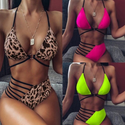 Leopard Print Strappy Hollow Out High Waist Bikini Set