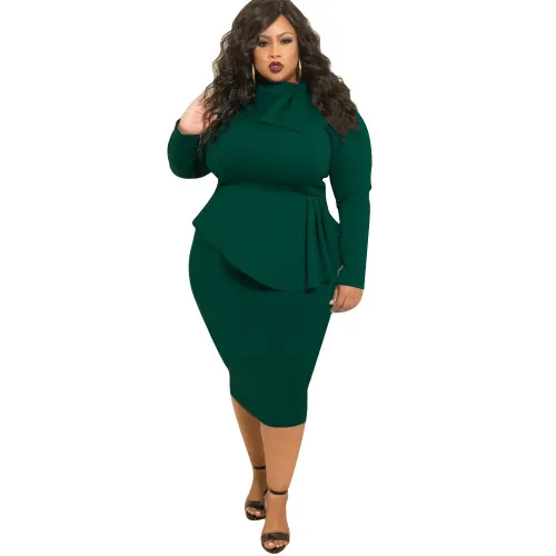 Plus Size Army Green Bow Tie Long Sleeve Midi Peplum Dress