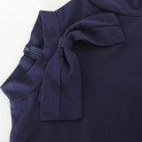 Plus Size Navy Bow Tie Long Sleeve Midi Peplum Dress