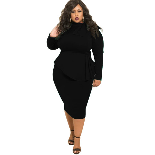 Plus Size Black Bow Tie Long Sleeve Midi Peplum Dress