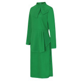 Plus Size Bright Green Bow Tie Long Sleeve Midi Peplum Dress
