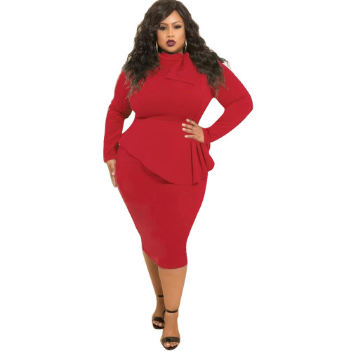 Plus Size Red Bow Tie Long Sleeve Midi Peplum Dress