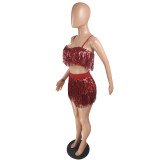 Sequin Burgundy Tassel Crop Top and Shorts Set
