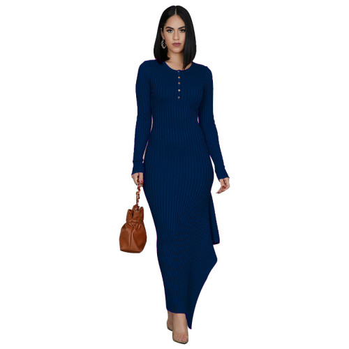 Ribbed Navy Strechy Buttoned Irregular Maxi Dress