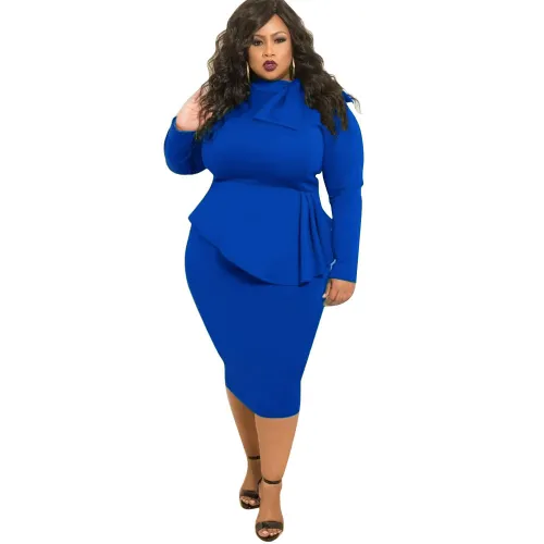 Plus Size Royal Blue Bow Tie Long Sleeve Midi Peplum Dress