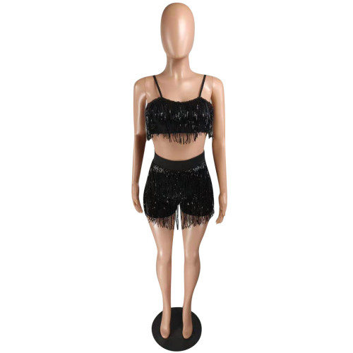 Sequin Black Tassel Crop Top and Shorts Set
