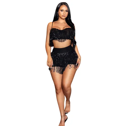 Sequin Black Tassel Crop Top and Shorts Set