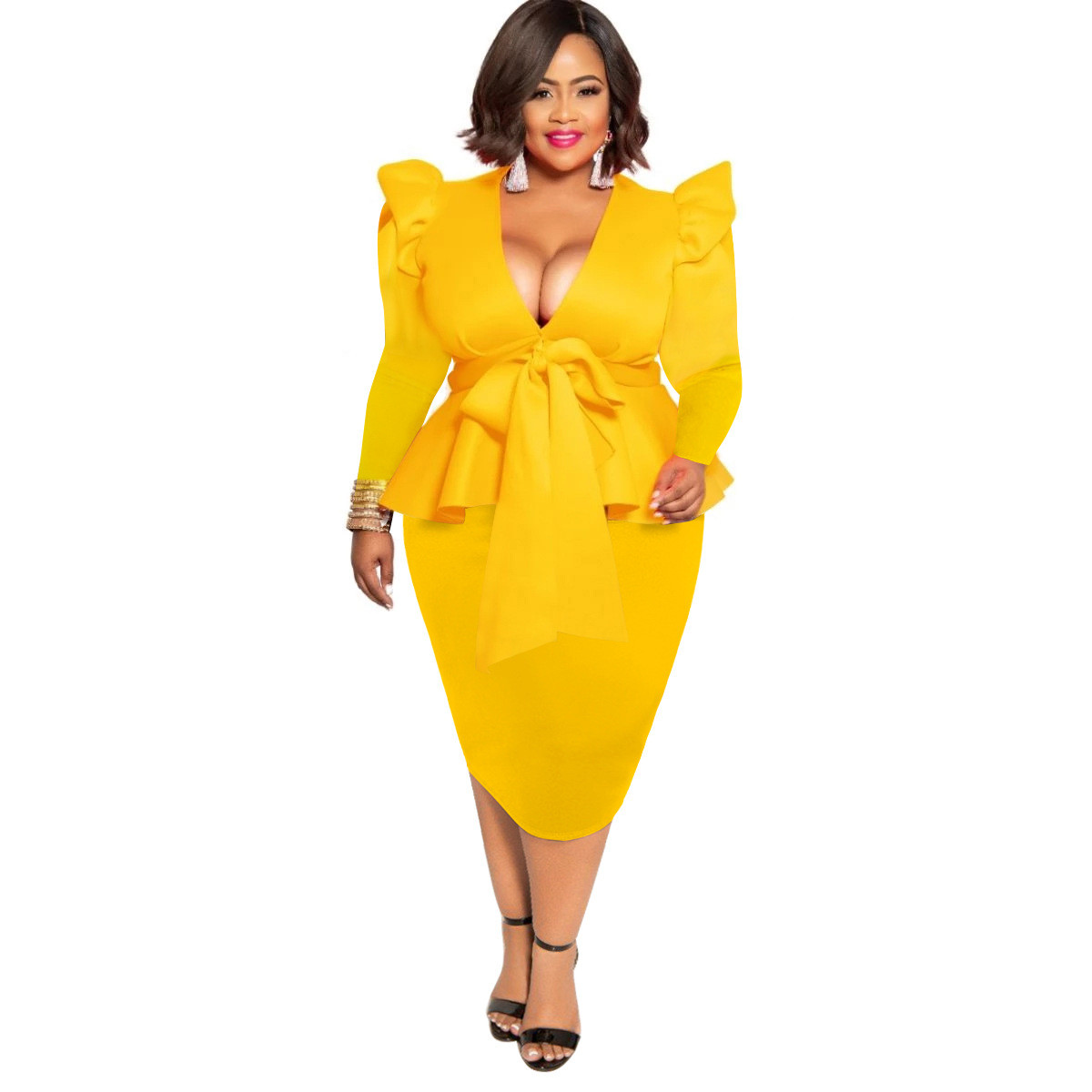 Plus Size Yellow Deep V Neck Peplum Midi Dress US$ 10.79 - www.lover ...