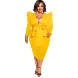 Plus Size Yellow Deep V Neck Peplum Midi Dress