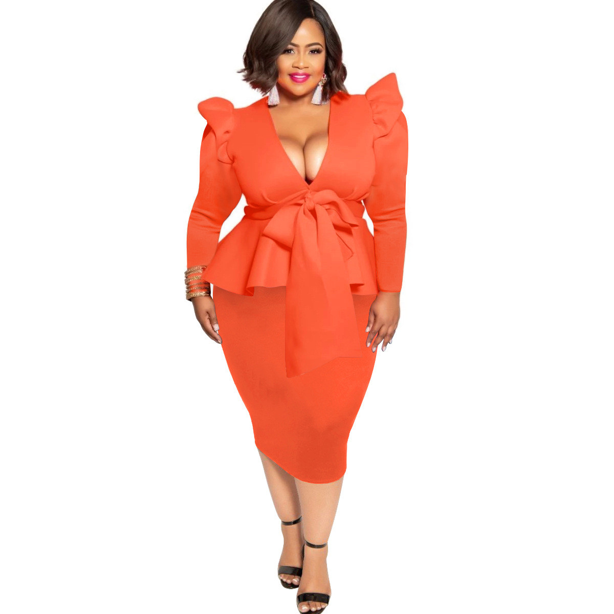 Plus Size Orange Deep V Neck Peplum Midi Dress US$ 10.79 - www.lover ...