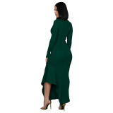 Ribbed Green Strechy Buttoned Irregular Maxi Dress