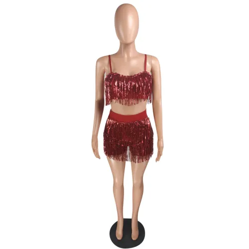 Sequin Burgundy Tassel Crop Top and Shorts Set