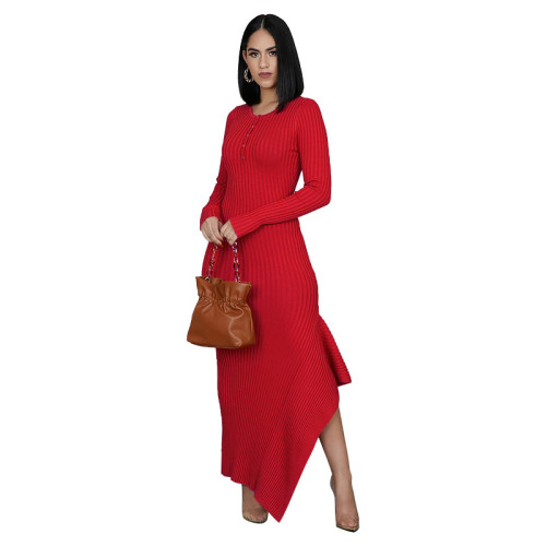 Ribbed Red Strechy Buttoned Irregular Maxi Dress
