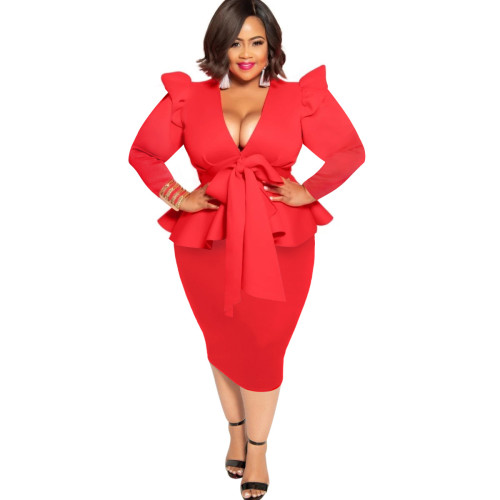 Plus Size Red Deep V Neck Peplum Midi Dress