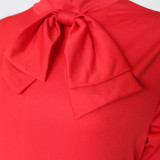 Plus Size Red Bow Tie Long Sleeve Midi Peplum Dress