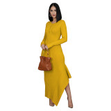 Ribbed Yellow Strechy Buttoned Irregular Maxi Dress
