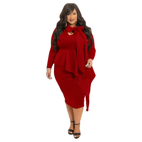 Plus Size Red Tie Neck Long Sleeve Peplum Midi Dress