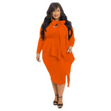 Plus Size Orange Tie Neck Long Sleeve Peplum Midi Dress
