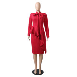 Plus Size Red Tie Neck Long Sleeve Peplum Midi Dress
