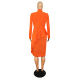 Plus Size Orange Tie Neck Long Sleeve Peplum Midi Dress