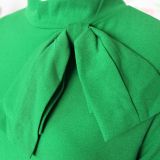 Plus Size Bright Green Bow Tie Long Sleeve Midi Peplum Dress