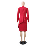 Plus Size Red Tie Neck Long Sleeve Peplum Midi Dress