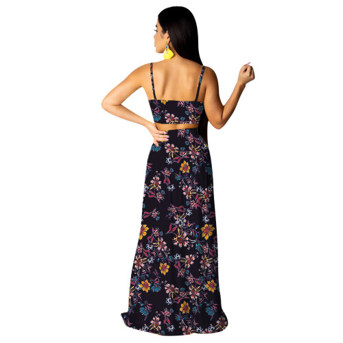 Navy Floral Cami Top and Long Slit Dress 