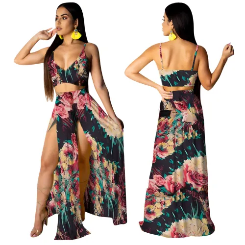 Black Floral Cami Top and Long Slit Dress SH3152