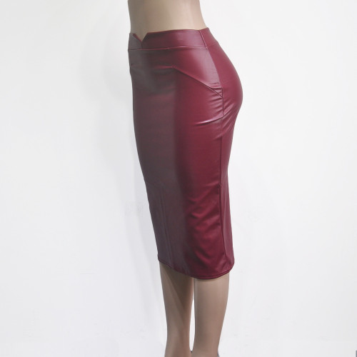 Burgundy PU Leather Bodycon Midi Skirt