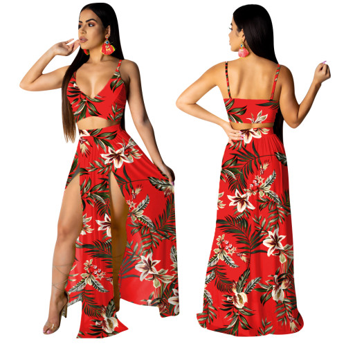 Red Floral Cami Top and Long Slit Dress 