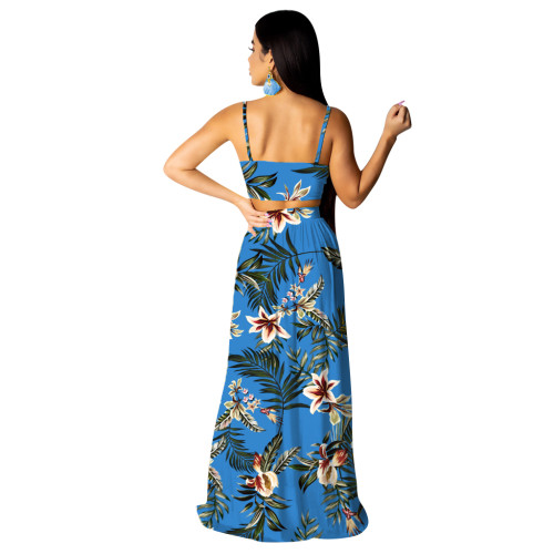 Blue Floral Cami Top and Long Slit Dress 