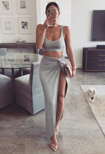 Grey Cami Top & Twist Long Slit Skirt