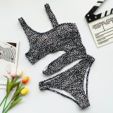 Black White Spotted Cut Out One Piece Sexy Swimwear