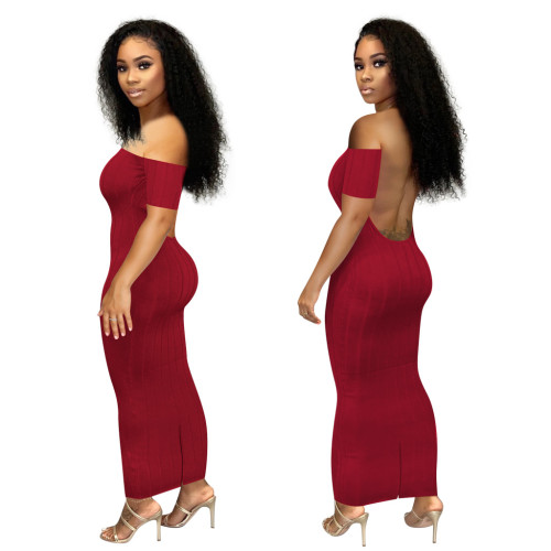 Ribbed Burgundy Off Shoulder Backless Maxi Dress