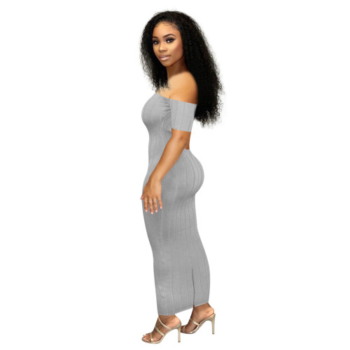 Ribbed Gray Off Shoulder Backless Maxi Dress