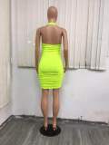 Green Halter Hollow out Ruched Bandage Dress