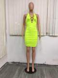 Green Halter Hollow out Ruched Bandage Dress