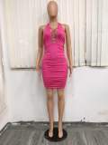 Hot Pink Halter Hollow out Ruched Bandage Dress