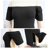 Ribbed Black Off Shoulder Backless Maxi Dress